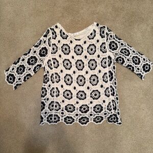 Black and White Boxy 3/4 Sleeve Embellished Blouse